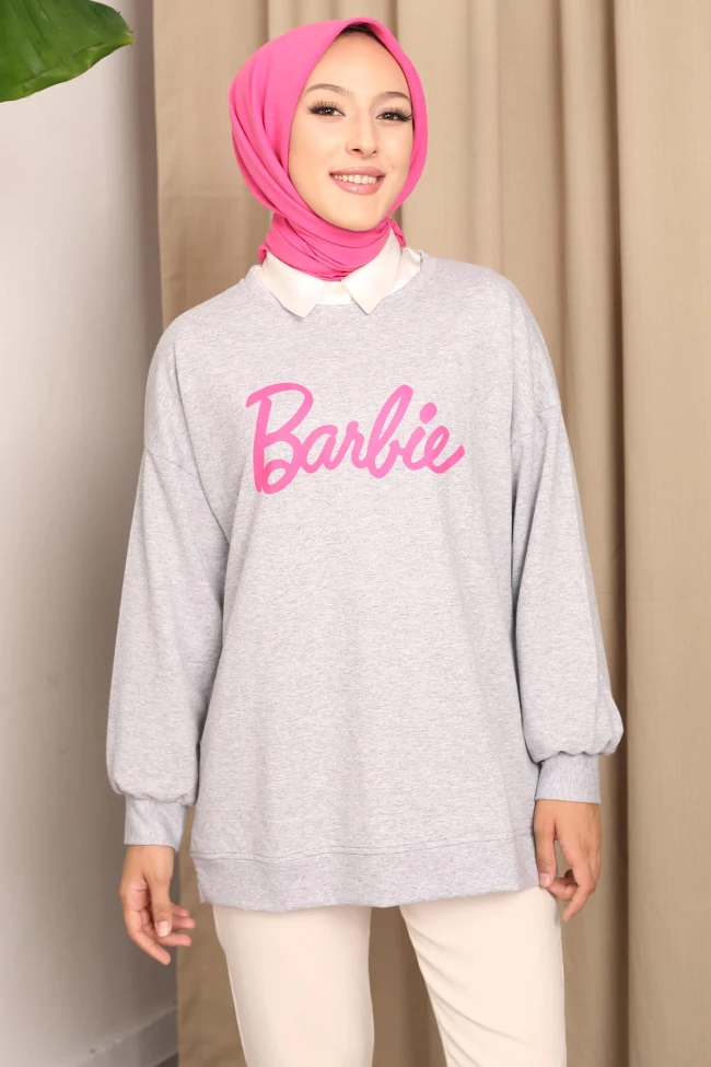 Gri Barbie Baskılı İki İplik Sweatshirt