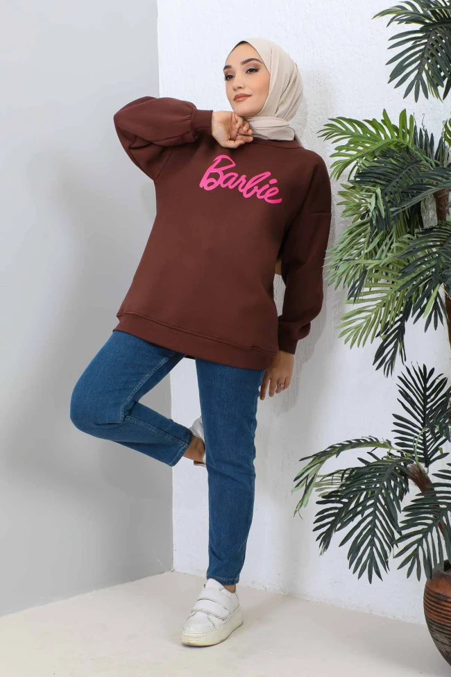 Kahverengi Barbie Baskılı Üç İplik Sweatshirt