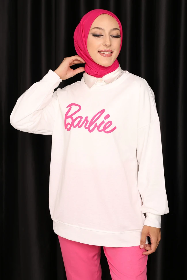 Krem Barbie Baskılı İki İplik Sweatshirt