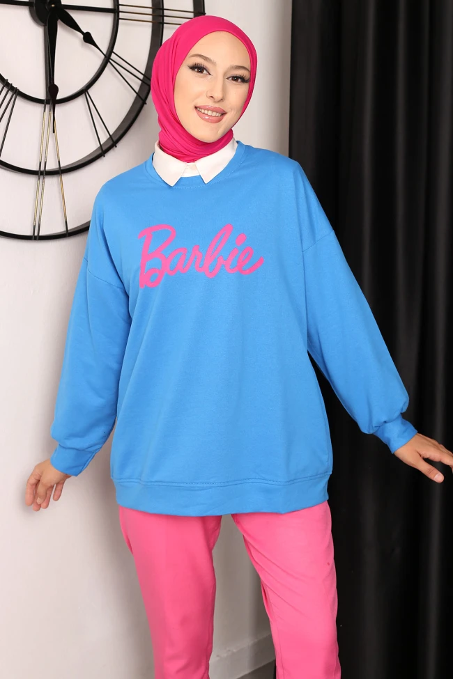 Saks Mavi Barbie Baskılı İki İplik Sweatshirt