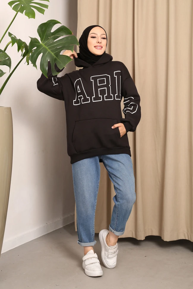 Siyah Paris Baskılı Üç İplik Sweatshirt