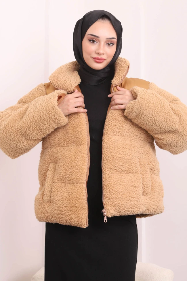 Camel Cepli Peluş Kısa Mont