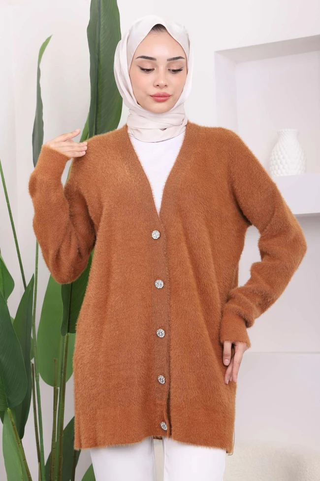 Camel Düğmeli Uzun Peluş Triko Hırka