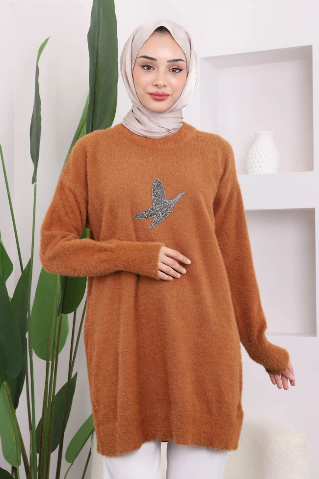 Camel Taş Detaylı Peluş Triko Tunik