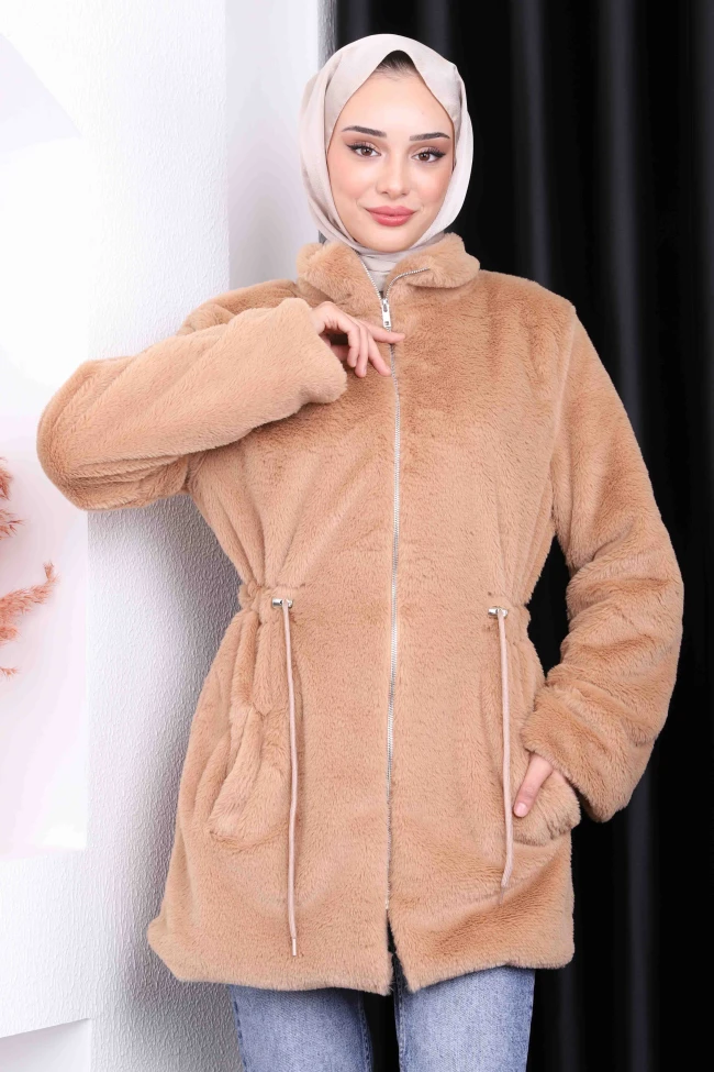 Camel Fermuarlı Peluş Mont