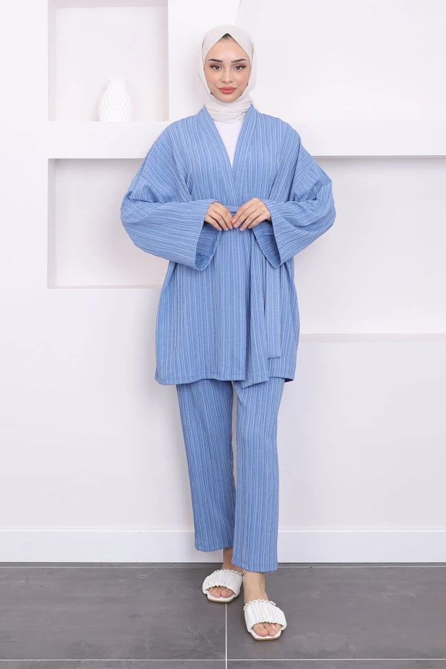 İndigo Bel Kuşaklı Pantolon Kimono Takım