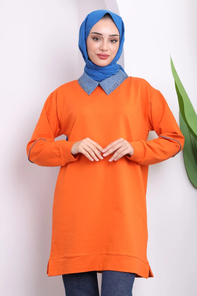 Orange Yaka Taşlı İki İplik Tunik