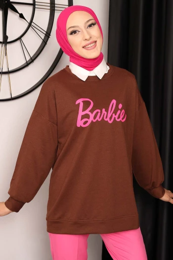 Kahverengi Barbie Baskılı İki İplik Sweatshirt