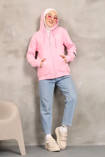 Pembe Kapüşonlu Üç İplik Şardonlu Sweatshirt