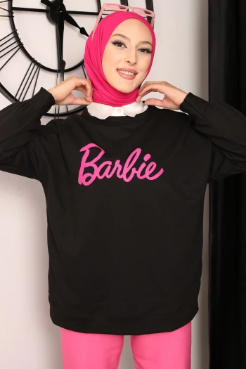 Siyah Barbie Baskılı İki İplik Sweatshirt