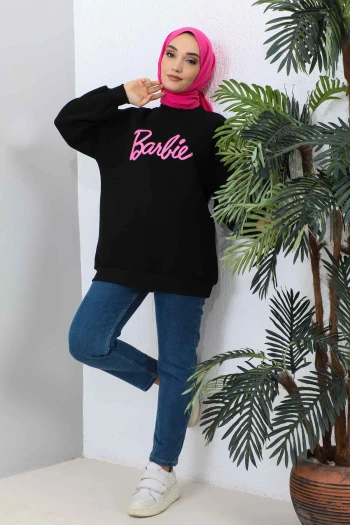 Siyah Barbie Baskılı Üç İplik Sweatshirt