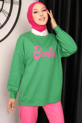 Yeşil Barbie Baskılı İki İplik Sweatshirt