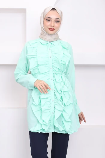 Mint Ön Fırfırlı Bağlamalı Poplin Tunik