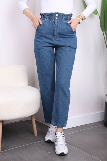 Açık Lacivert Bel Lastikli Mom Jeans Pantolon