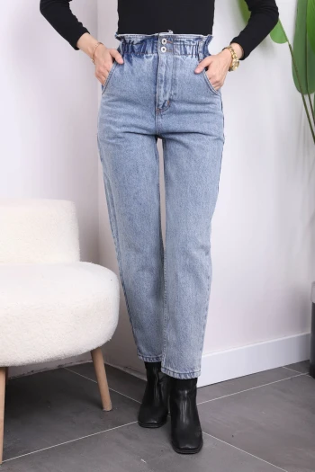 Açık Mavi Bel Lastikli Mom Jeans Pantolon