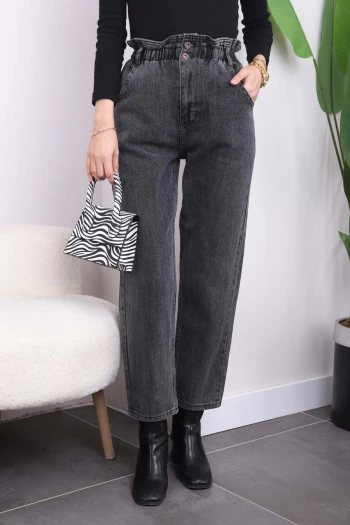 Füme Bel Lastikli Mom Jeans Pantolon