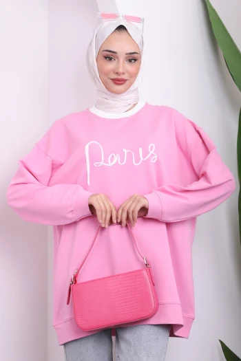 Pembe Bisiklet Yaka Nakış İşlemeli Sweatshirt