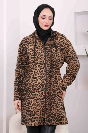 Camel Bel Büzgülü Kapüşonlu Leopar Trenç