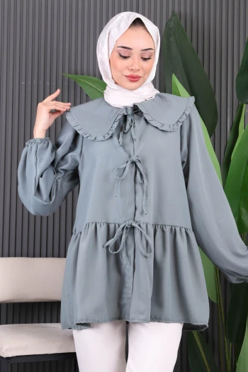 Mint Yeşili Bebe Yaka Ön Bağlamalı Keten Kimono