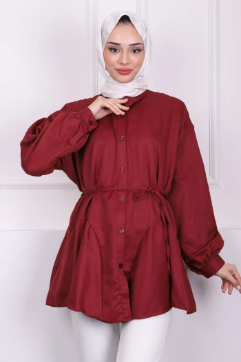 Bordo Beli İpli Saten Tunik