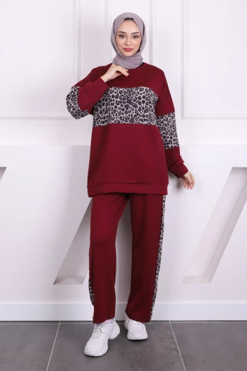 Bordo Gri Leoparlı Modal Tunik Pantolonlu Takım