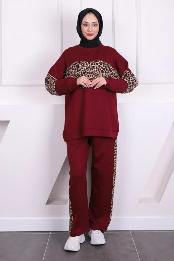 Bordo Leoparlı Modal Tunik Pantolonlu Takım