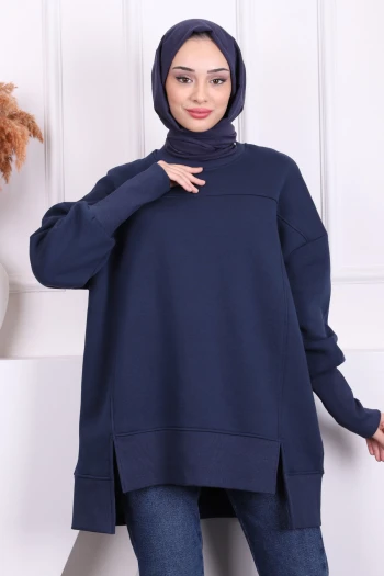 Lacivert Üç İplik Bisiklet Yaka Sweatshirt