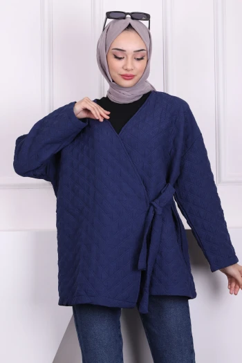 Lacivert Yan Bağlamalı Oversize Kimono