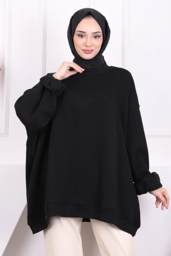 Siyah Oversize Üç İplik Sweatshirt