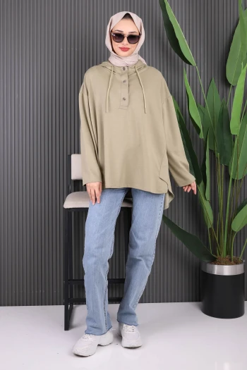 Haki Kapşonlu Modal Oversize Sweat