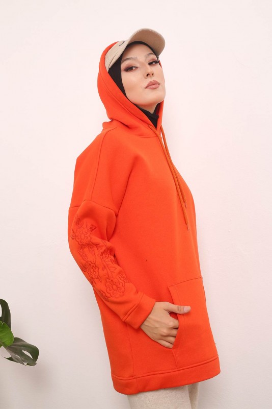 Orange Kadın Modest Kapüşonlu Kol Nakışlı Üç İplik Şardonlu Tesettür Tunik