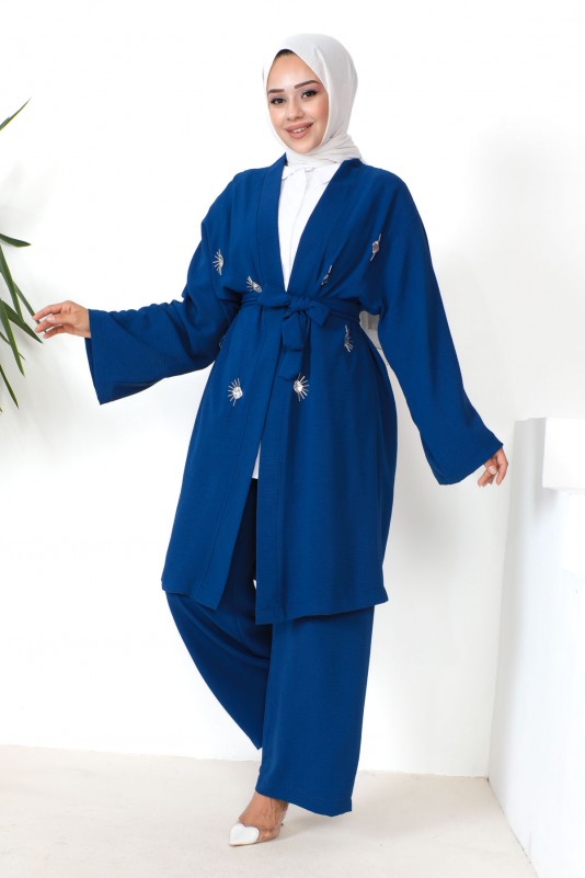 Saks Mavi Taşlı Kimono Pantolon Takım
