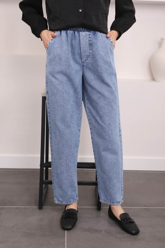 Mavi Bel Lastikli Yan Cepli Mom Jeans Pantolon