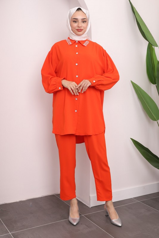 Orange Yakası İşlemeli Tunik Pantolon Takım