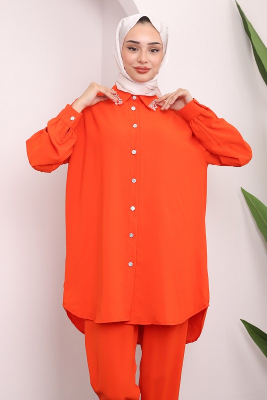 Orange Yakası İşlemeli Tunik Pantolon Takım