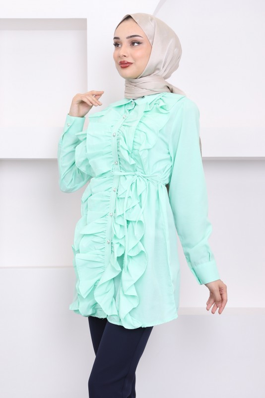 Mint Ön Fırfırlı Bağlamalı Poplin Tunik