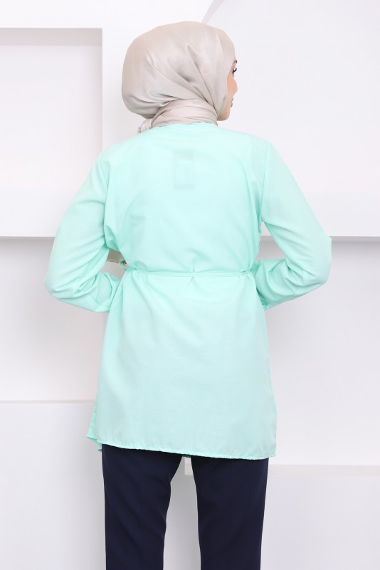 Mint Ön Fırfırlı Bağlamalı Poplin Tunik