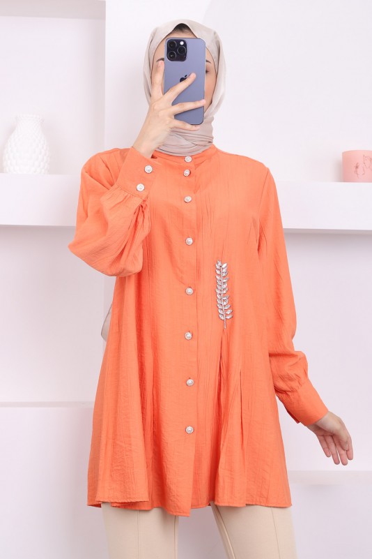 Orange Taşlı Pilise Detaylı Tunik