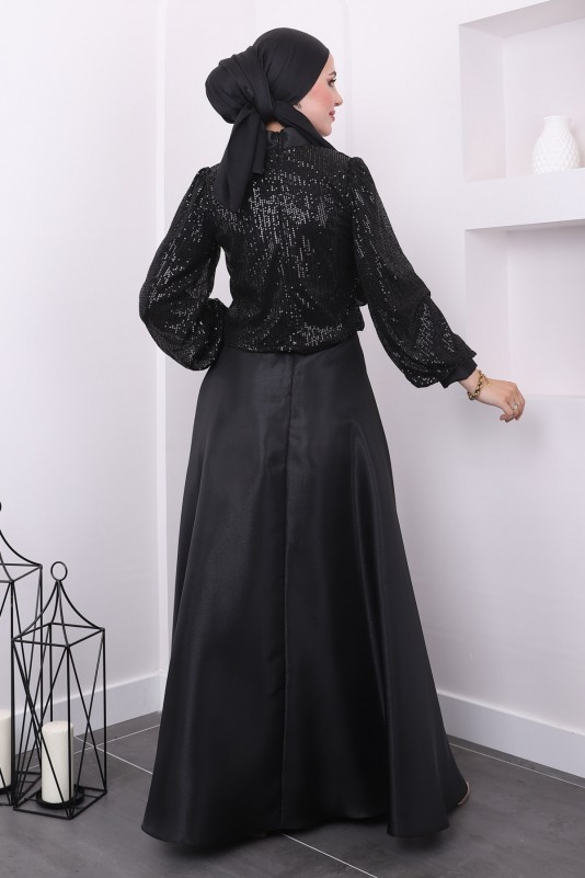 Siyah Taşlı Ceketli İkili Abaya Takım