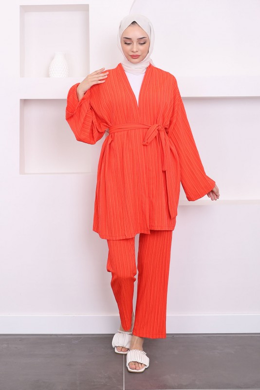 Orange Bel Kuşaklı Pantolon Kimono Takım