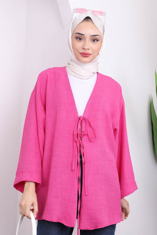 Pembe Ön Bağlamalı Keten Kimono