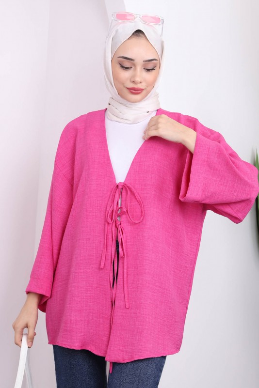 Pembe Ön Bağlamalı Keten Kimono