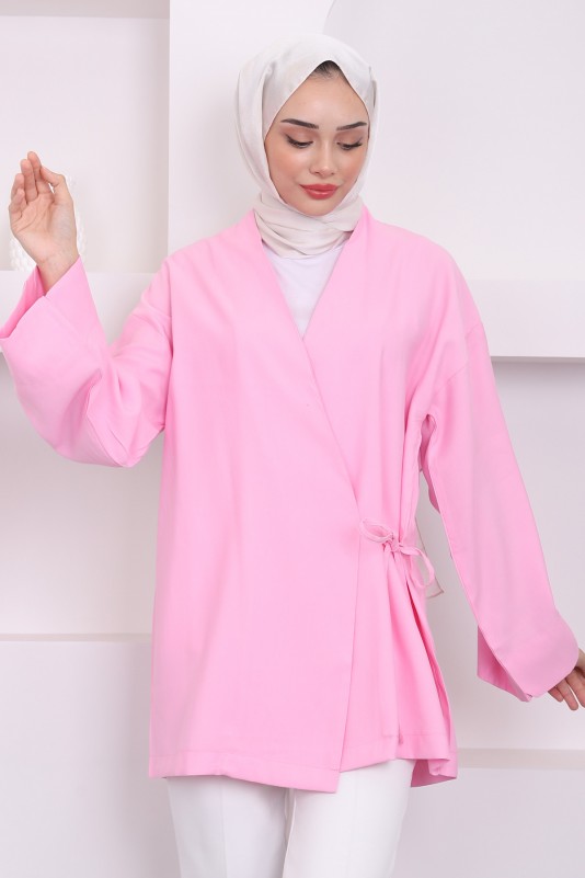 Pembe Yan Bağlamalı Keten Kimono