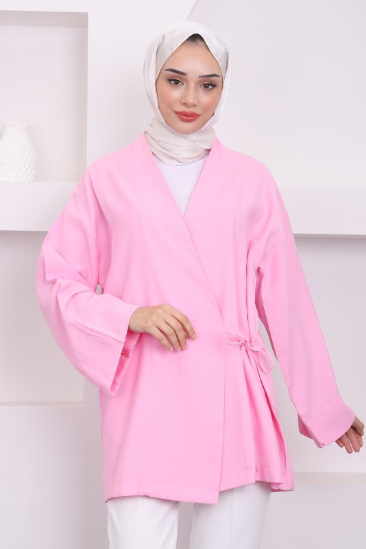 Pembe Yan Bağlamalı Keten Kimono