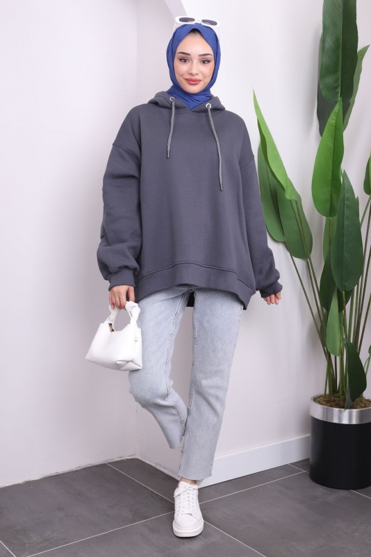 Antrasit Kapüşonlu Oversize Sweat Tshirt