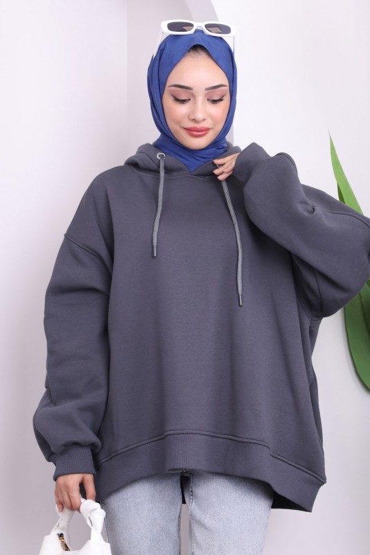 Antrasit Kapüşonlu Oversize Sweat Tshirt