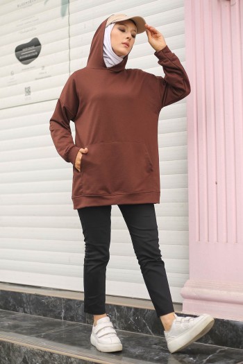 Kahverengi Kadın Oversize Kapüşonlu Kanguru Cepli Sweatshirt