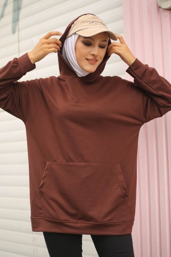 Kahverengi Kadın Oversize Kapüşonlu Kanguru Cepli Sweatshirt