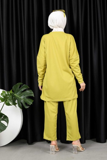 Yağ Yeşili İnci İşlemeli Tunik Pantolon Takım