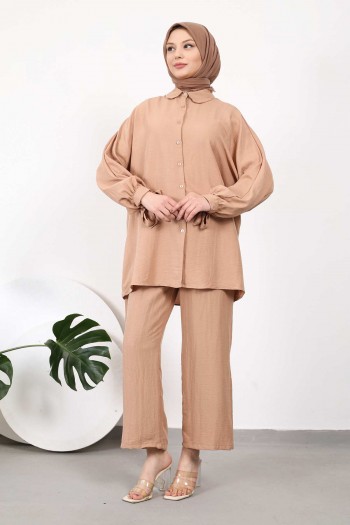 Camel Yarasa kol Bağlamalı Tunik Pantolon Takım